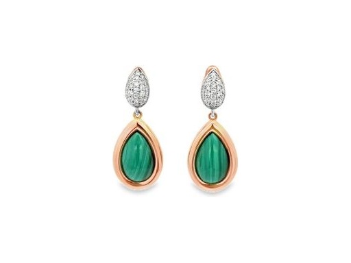 18K Rose Gold Malachite Teardrop Earrings with Natural Diamonds